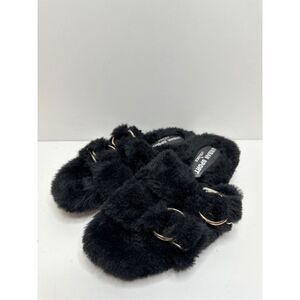 Urban Sports by J/Slides Slippers Womens Size 7 Black Faux Fur Slip On Shoes